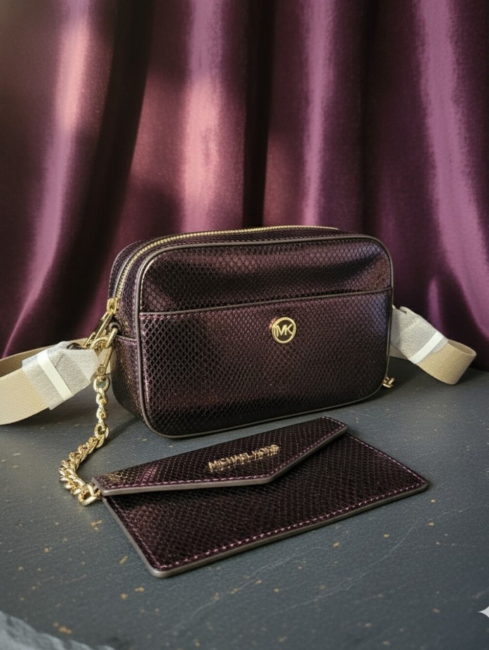 Michael Kors Maisie Jet Set 2N1 Camera Bag Snake Skin Print in OX Blood Color